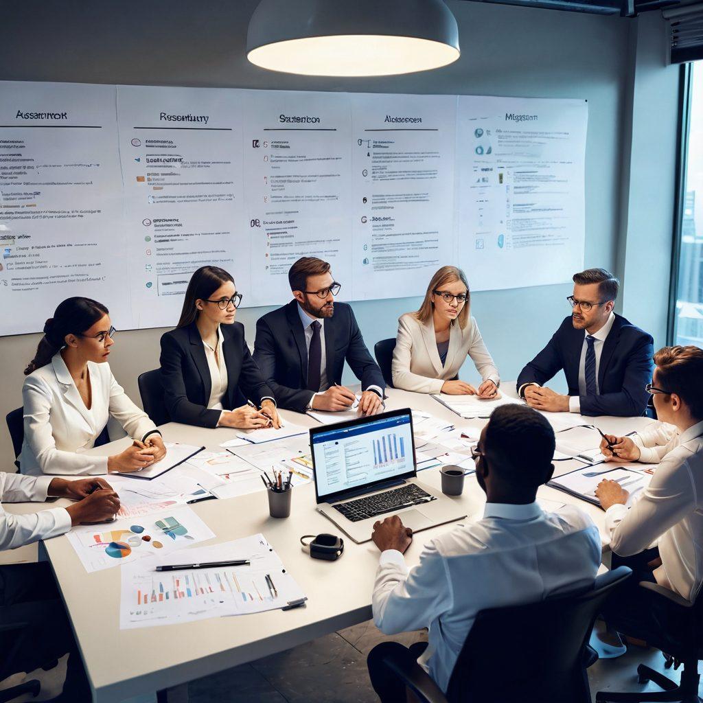 A professional setting showcasing a diverse group of individuals engaged in a discussion over a large table filled with documents and a laptop, symbolizing background verification processes. Include elements like magnifying glasses, checkmarks, and abstract risk assessment icons in the background. The setting should have a modern office vibe with subtle lighting to create an immersive atmosphere. super-realistic. vibrant colors.