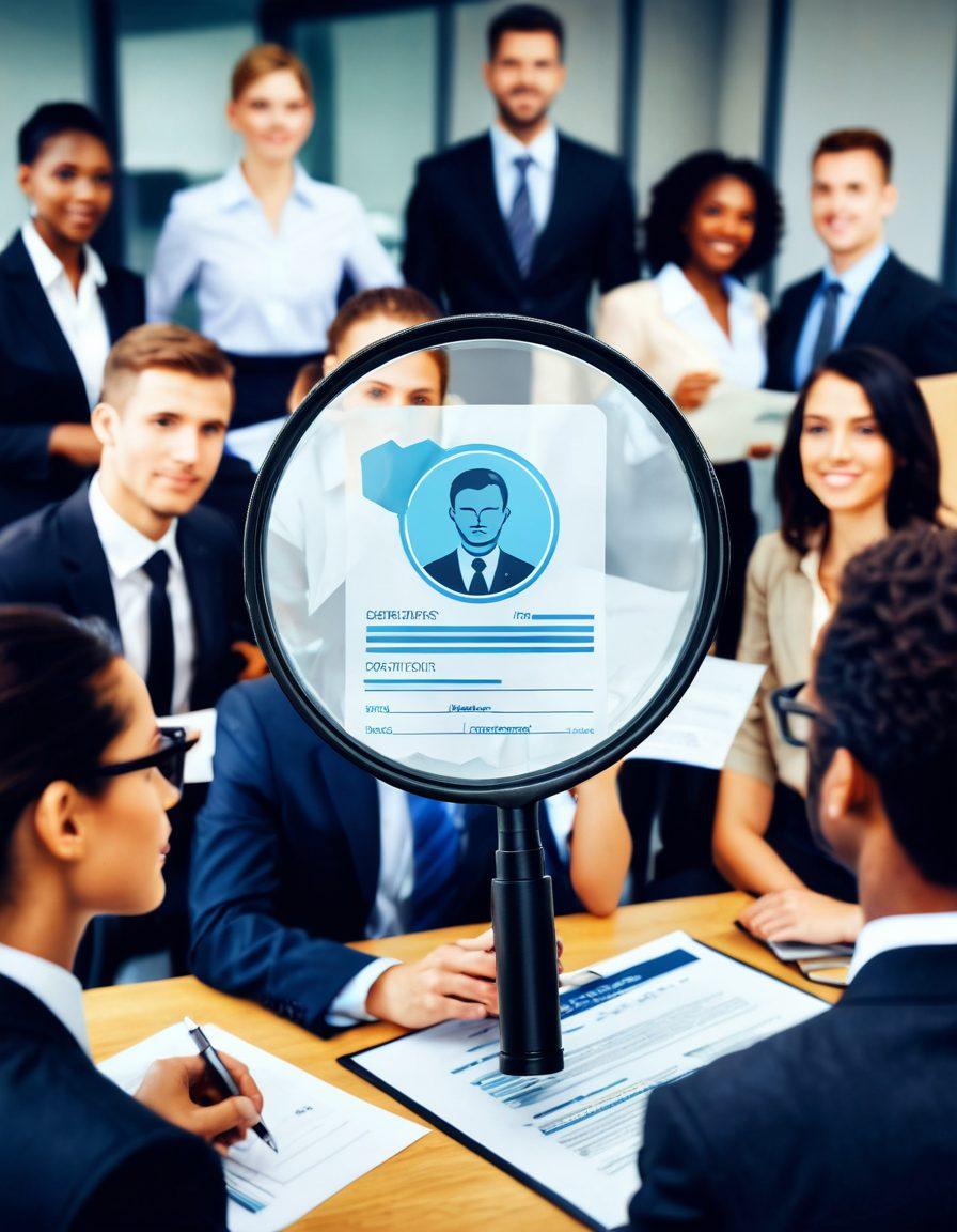 An image depicting a magnifying glass hovering over a diverse group of job applicants, with background check data flowing from the magnifying glass. In the background, a corporate office setting featuring a confident hiring manager reviewing candidates. A shield symbolizing protection and security integrates into the design, highlighting the importance of safeguarding the hiring process. The image should evoke trust and professionalism. super-realistic. vibrant colors.